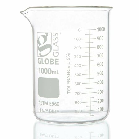 GLOBE SCIENTIFIC Beaker, Globe Glass, 1000mL, Low Form Griffin Style, Heavy Duty, Dual Graduations, ASTM E960, 6PK 8021000